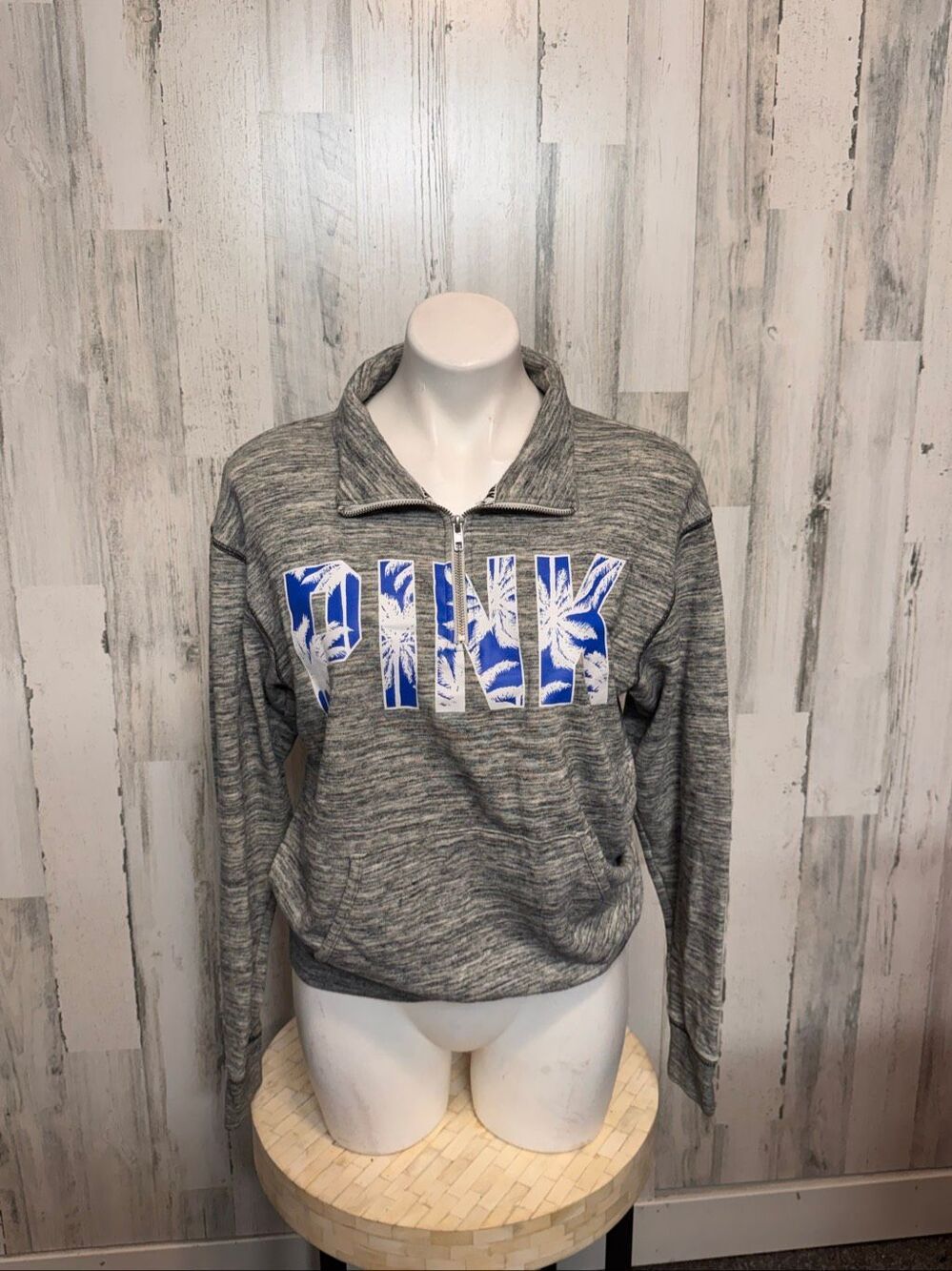Victoria’s Secret PINK Half Zip Pullover Sweatshirt Gray Marled Palm Tree Womens